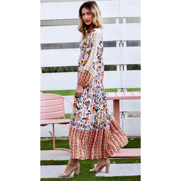 ANGIE Ivory Floral Smocked Long Sleeve Tiered Maxi Dress - Picture 6 of 11